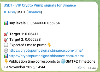 Crypto trading signal proof: TNSR pump on Binance, 19 November 2025, 14:59