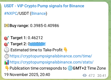 Learn about the NXPC pump signal confirmation from Binance, 20 November 2025, 09:46 NXPC pump signal confirmation from Binance, timestamp: 20 November 2025, 09:46