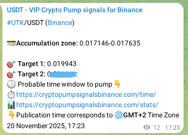 Binance trading signal proof for UTK pump, 20 November 2025, 17:24 Binance trading signal proof for UTK pump, 20 November 2025, 17:24