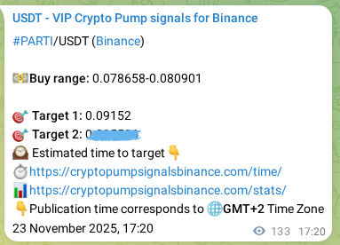 Binance trading signal proof for PARTI pump, 23 November 2025, 21:00 Binance trading signal proof for PARTI pump, 23 November 2025, 21:00