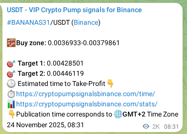 Verify the crypto signal proof for BANANAS31 on Binance, 26 November 2025, 15:17 Crypto signal proof: BANANAS31 pump on Binance, 26 November 2025, 15:17