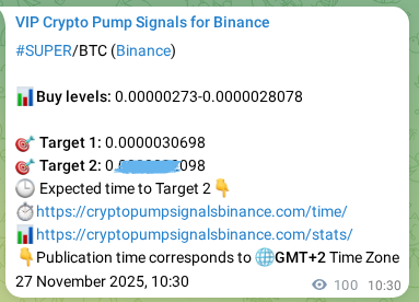 Crypto pump signal proof: Verify SUPER on Binance, 27 November 2025, 13:04 Crypto pump signal proof: SUPER on Binance, 27 November 2025, 13:04