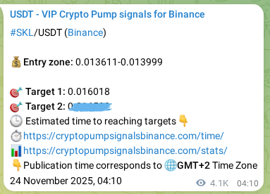 Trading signal proof: SKL pump from Binance, 29 November 2025, 08:38