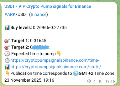 Binance pump signal data for ARK at 29 November 2025, 09:32