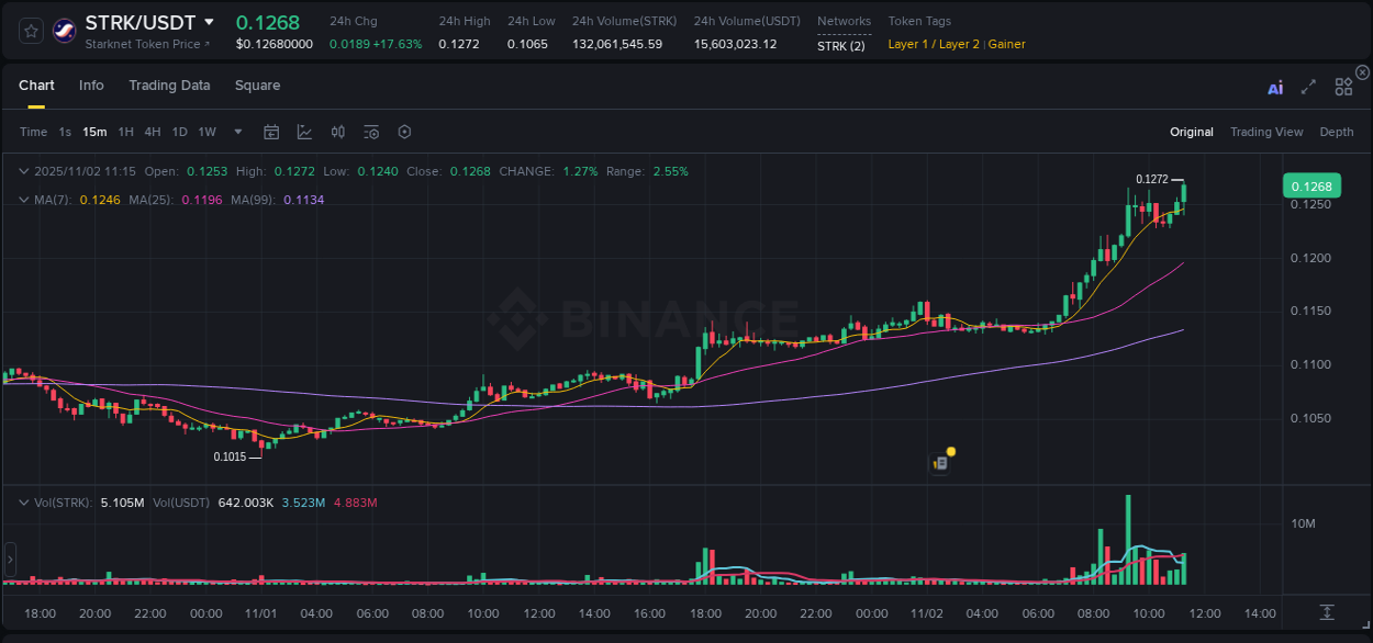 Gain insights into STRK's pump activity on Binance, 02 November 2025, 11:27 Detailed analysis of STRK's price surge on Binance, 02 November 2025, 11:27