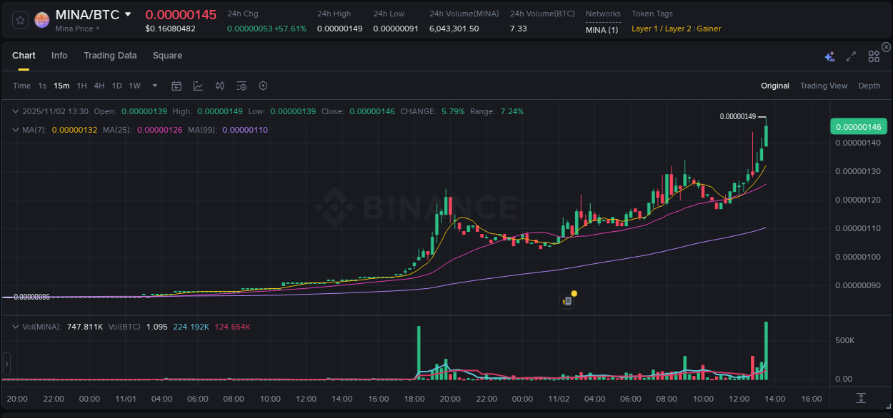 Analysis of MINA pump activity on Binance at 02 November 2025, 13:40