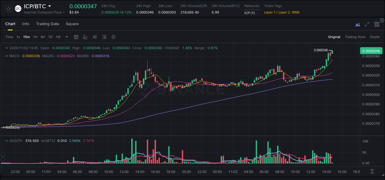 Binance pump overview for ICP, captured at 02 November 2025, 14:48