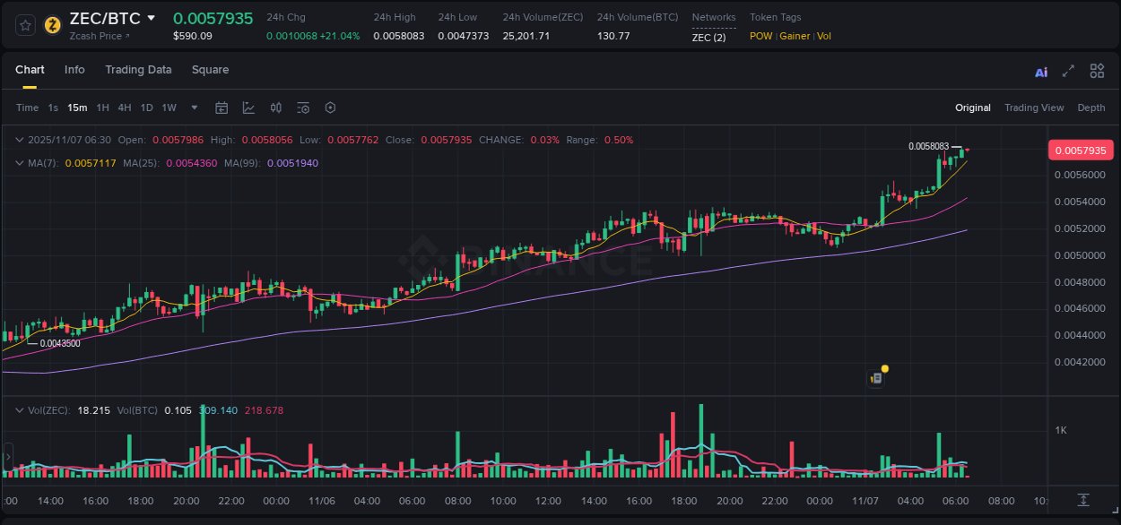 Crypto trading report: ZEC pump on Binance, 07 November 2025, 06:31