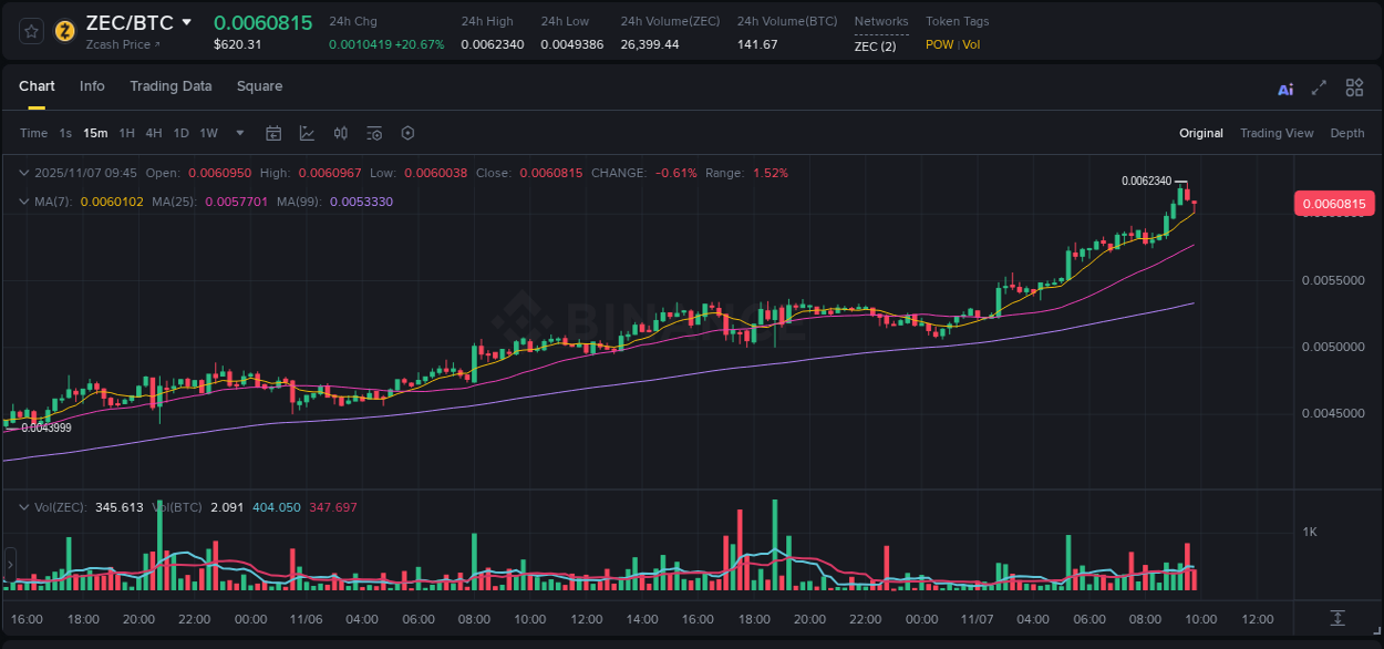 Crypto price movement update: ZEC on Binance, 07 November 2025, 09:10