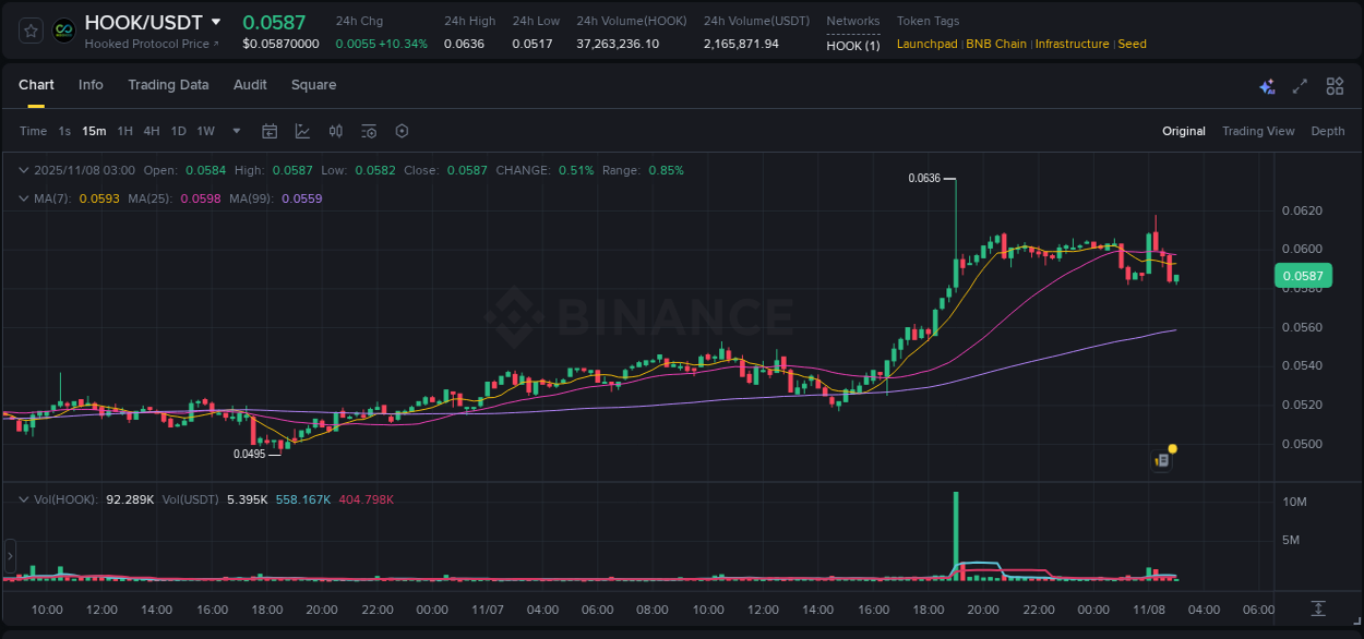 Real-time report of HOOK pump on Binance, 08 November 2025, 02:15