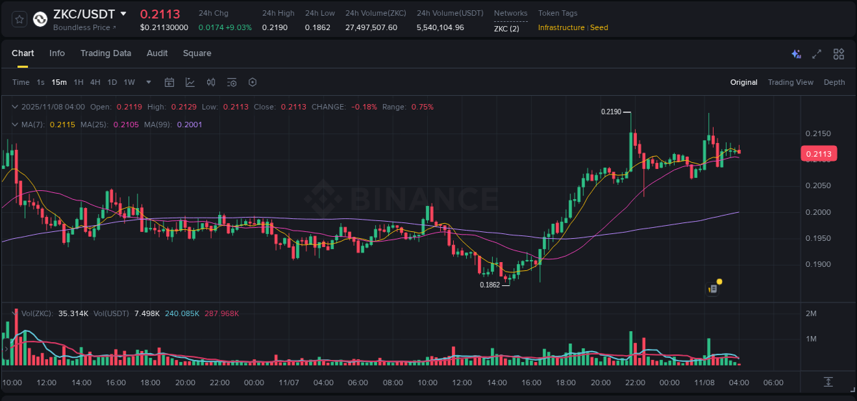 Binance pump overview for ZKC, captured at 08 November 2025, 02:22