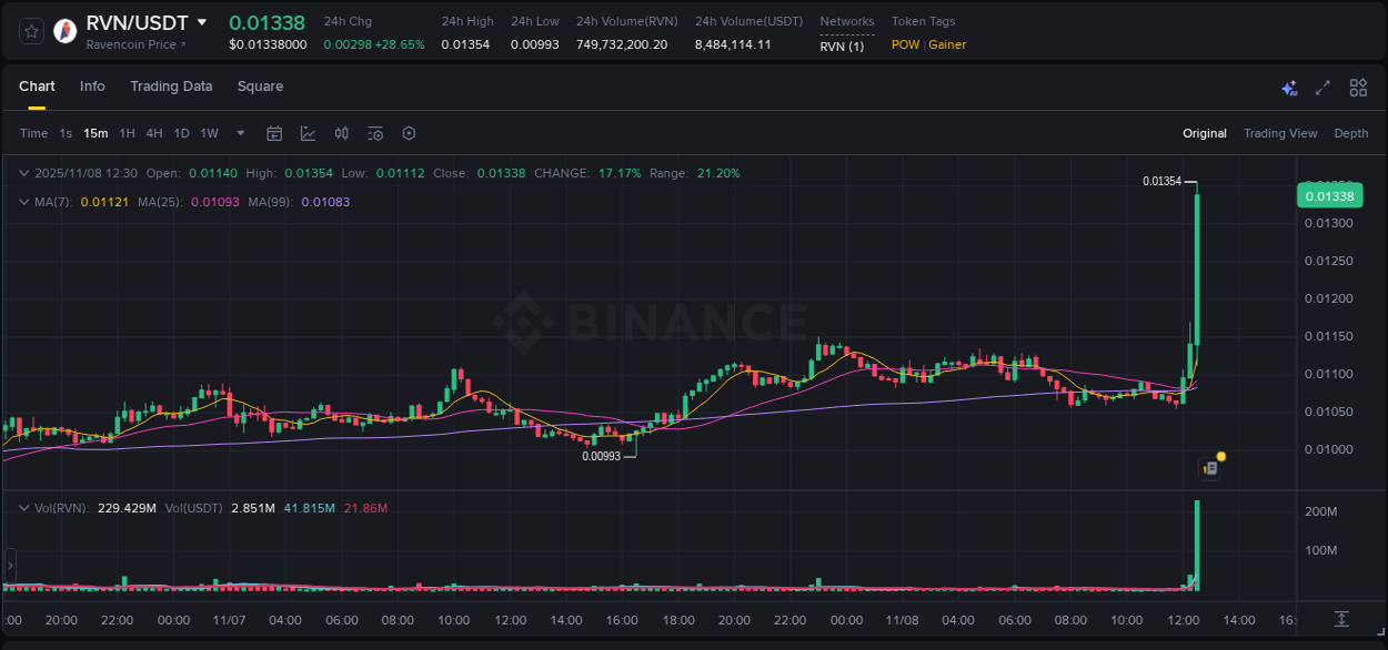Momentum catalyst: RVN price acceleration on Binance, 08 November 2025, 12:35