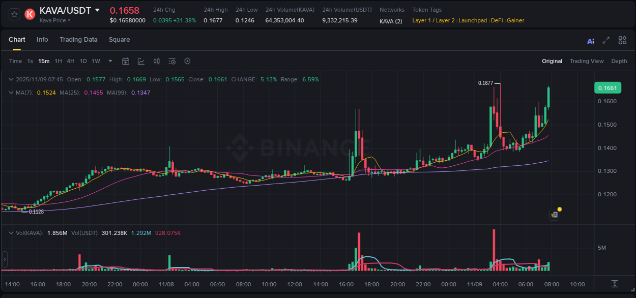 Crypto market update: KAVA pump on Binance, 09 November 2025, 07:48