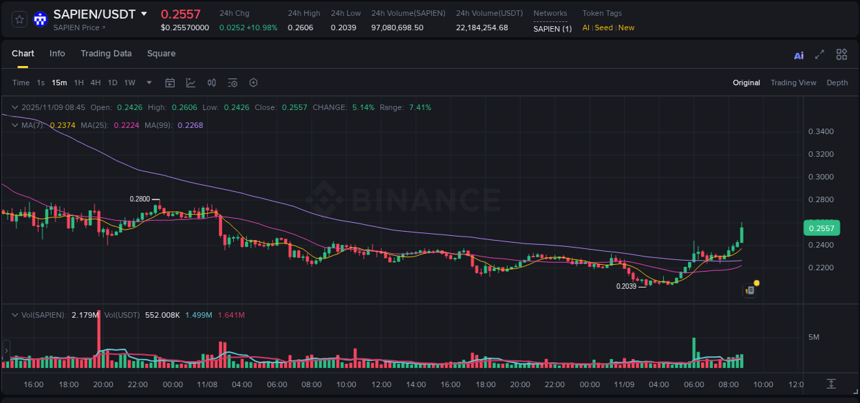 Real-time report of SAPIEN pump on Binance, 09 November 2025, 08:47