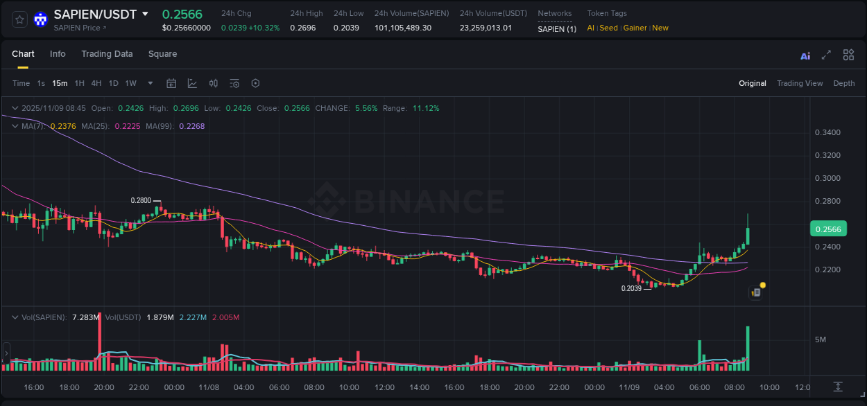 Crypto trading report: SAPIEN pump on Binance, 09 November 2025, 08:49