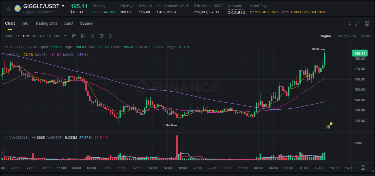 Crypto market report: GIGGLE pump on Binance, 09 November 2025, 12:58