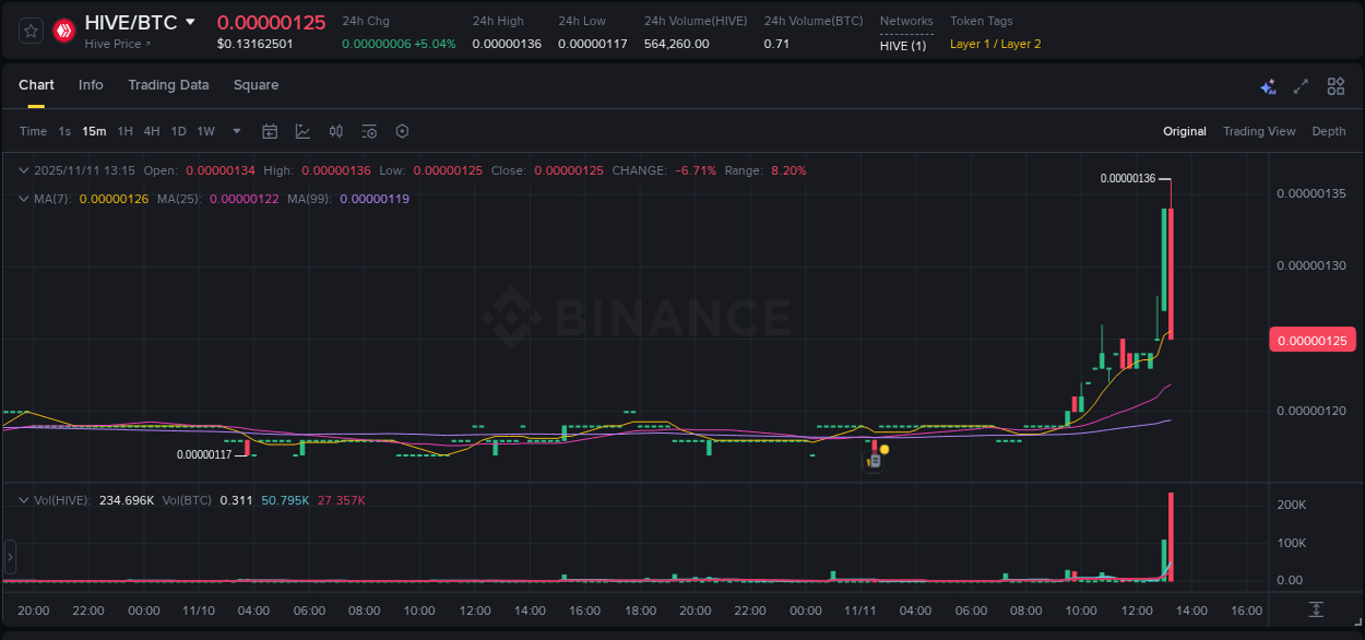 Gain insights into HIVE's pump activity on Binance, 11 November 2025, 13:15 Detailed analysis of HIVE's price surge on Binance, 11 November 2025, 13:15