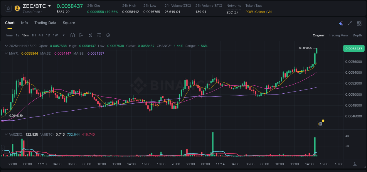 Binance pump data for ZEC at 14 November 2025, 15:01 Binance pump data for ZEC at 14 November 2025, 15:01