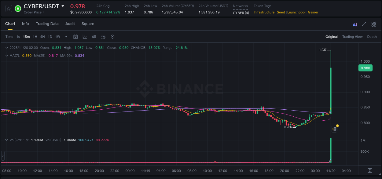 View the report of CYBER pump on Binance at 20 November 2025, 02:05 Report of CYBER pump on Binance at 20 November 2025, 02:05