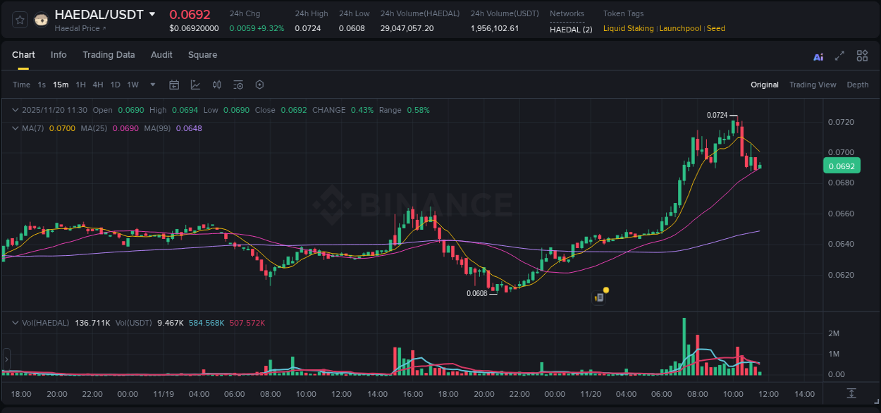 Explore the crypto pump report for HAEDAL on Binance, 20 November 2025, 10:29 Crypto market report: HAEDAL pump on Binance, 20 November 2025, 10:29