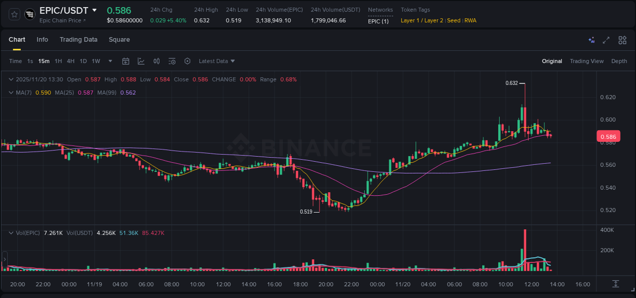 Analyze the crypto trading report for EPIC pump on Binance, 20 November 2025, 11:32 Crypto trading analysis: EPIC pump on Binance, 20 November 2025, 11:32