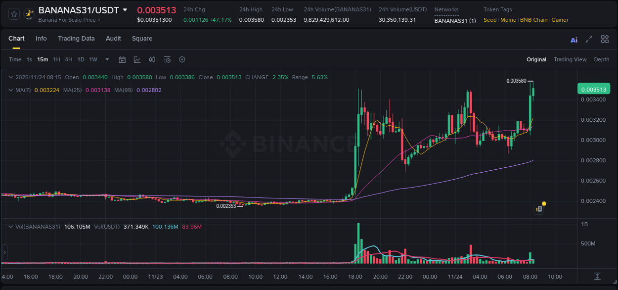 Detailed insights into BANANAS31's pump on Binance at 24 November 2025, 08:17 Detailed report of BANANAS31's pump on Binance at 24 November 2025, 08:17