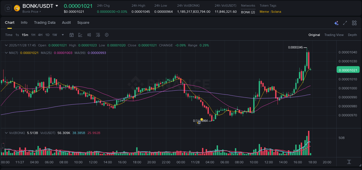 Learn about the BONK price movement analysis from Binance, 28 November 2025, 17:21 BONK trading report showing pump trends on Binance, 28 November 2025, 17:21
