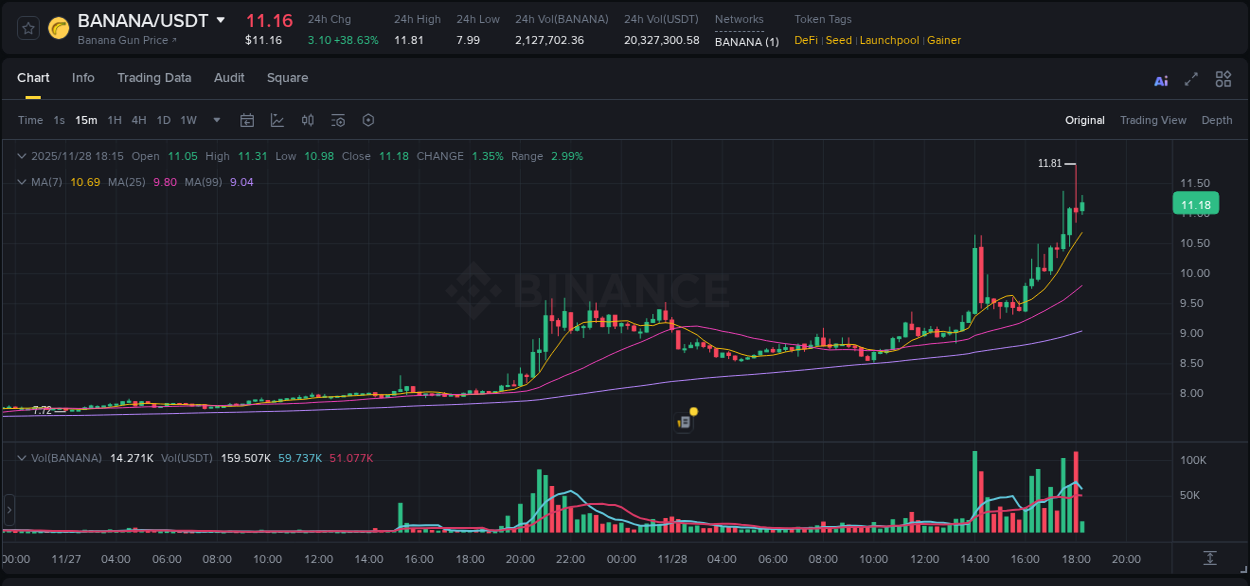 Gain insights into BANANA's pump activity on Binance, 28 November 2025, 17:31 Detailed analysis of BANANA's price surge on Binance, 28 November 2025, 17:31