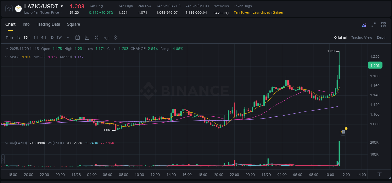 Real-time report of LAZIO pump on Binance, 29 November 2025, 11:18